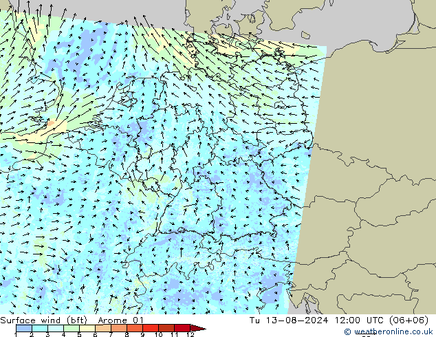 �N 10 米 (bft) Arome 01 星期二 13.08.2024 12 UTC