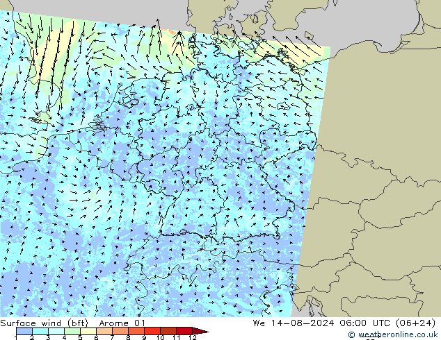 Wind 10 m (bft) Arome 01 wo 14.08.2024 06 UTC