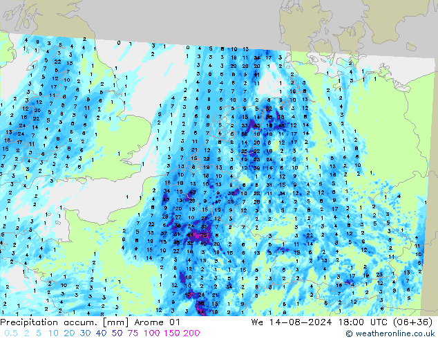 Totale neerslag Arome 01 wo 14.08.2024 18 UTC