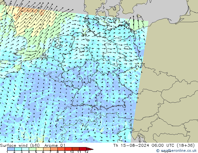 Wind 10 m (bft) Arome 01 do 15.08.2024 06 UTC