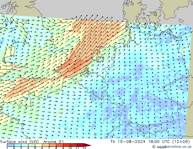 Wind 10 m (bft) Arome 01 do 15.08.2024 18 UTC