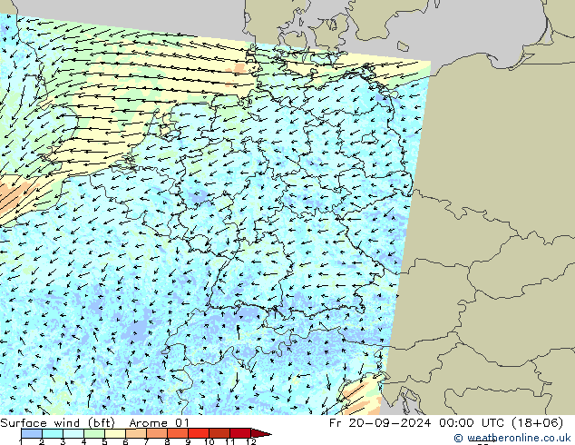 Wind 10 m (bft) Arome 01 vr 20.09.2024 00 UTC