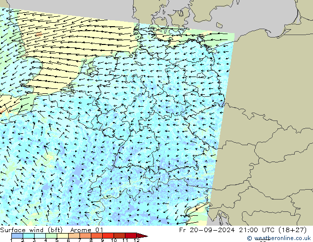 wiatr 10 m (bft) Arome 01 pt. 20.09.2024 21 UTC