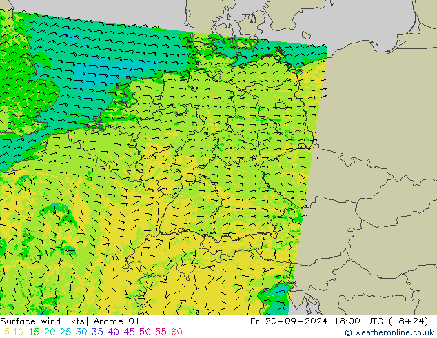 Rüzgar 10 m Arome 01 Cu 20.09.2024 18 UTC