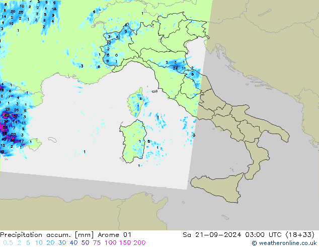 Precipitation accum. Arome 01 Sáb 21.09.2024 03 UTC