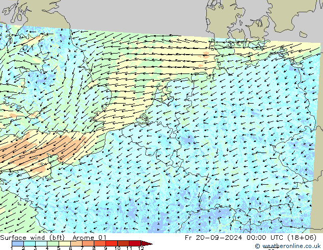 Surface wind (bft) Arome 01 Fr 20.09.2024 00 UTC