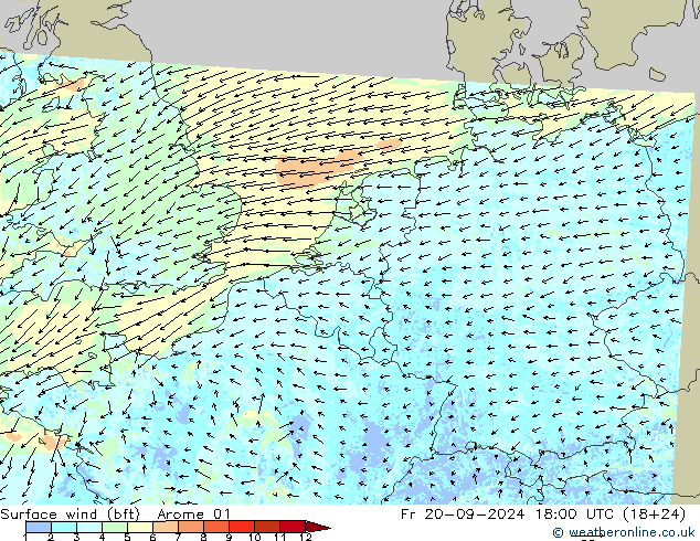 Bodenwind (bft) Arome 01 Fr 20.09.2024 18 UTC