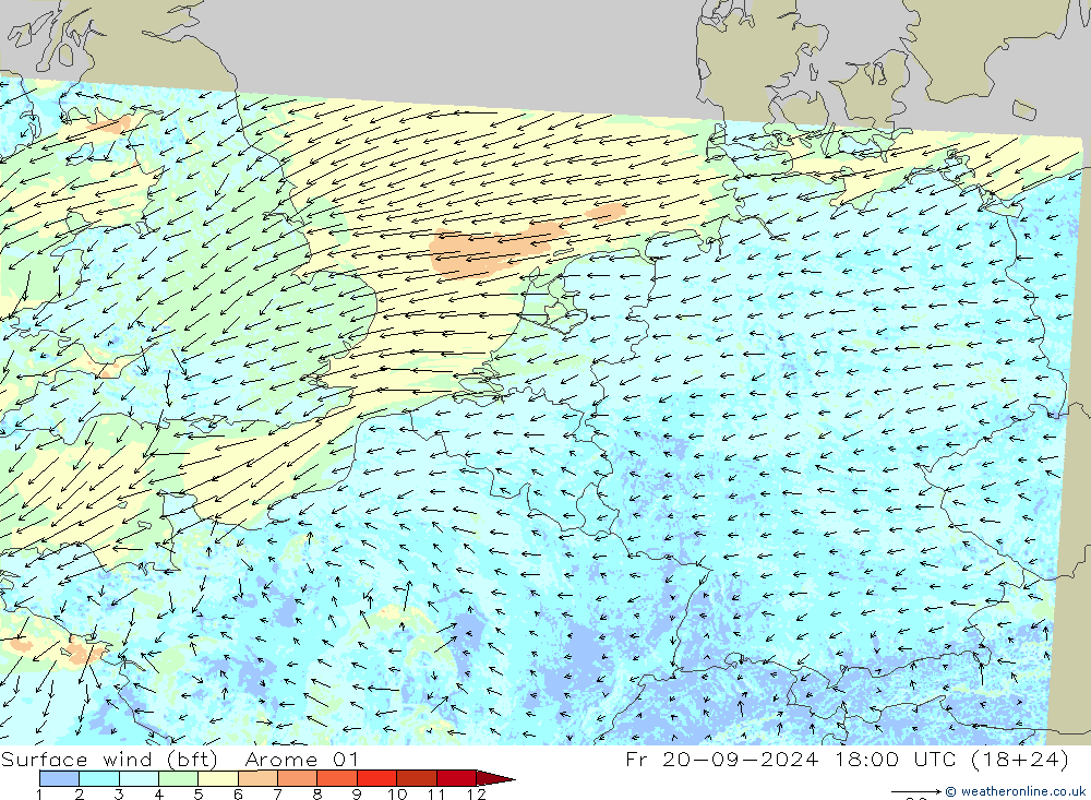 Bodenwind (bft) Arome 01 Fr 20.09.2024 18 UTC