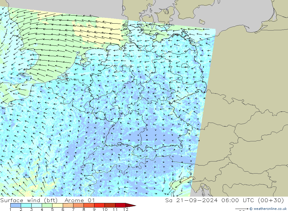 Surface wind (bft) Arome 01 Sa 21.09.2024 06 UTC