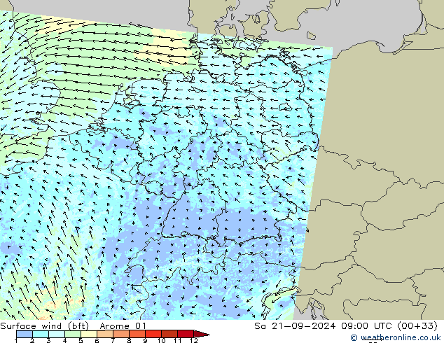 Vento 10 m (bft) Arome 01 Sáb 21.09.2024 09 UTC