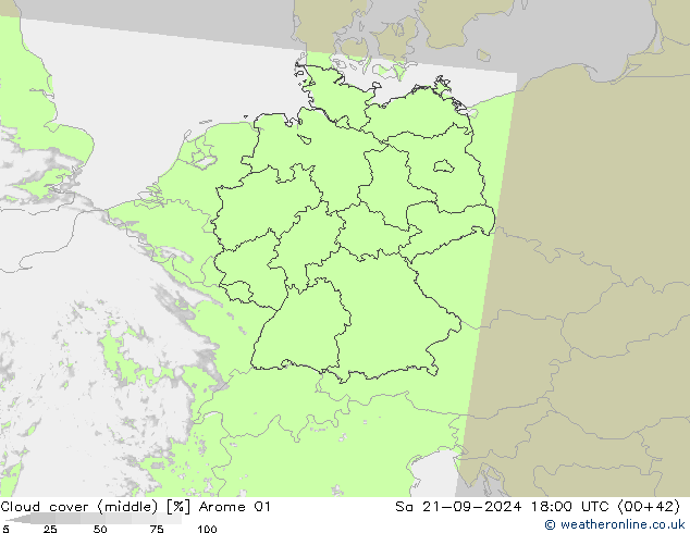 Cloud cover (middle) Arome 01 Sa 21.09.2024 18 UTC