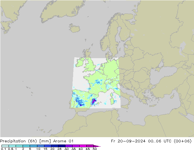 降水量 (6h) Arome 01 星期五 20.09.2024 06 UTC