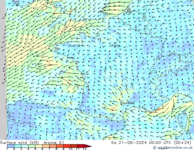 Rüzgar 10 m (bft) Arome 01 Cts 21.09.2024 00 UTC