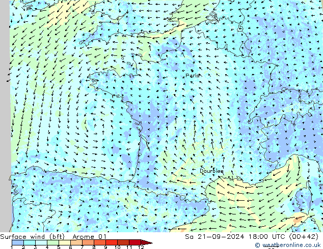 Wind 10 m (bft) Arome 01 za 21.09.2024 18 UTC