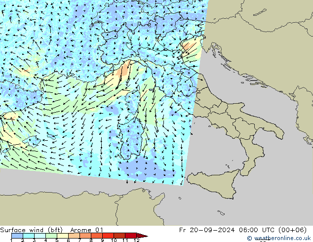 wiatr 10 m (bft) Arome 01 pt. 20.09.2024 06 UTC