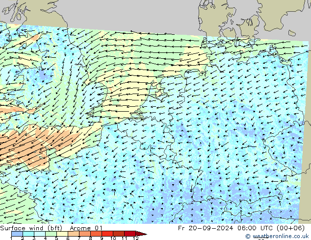 Bodenwind (bft) Arome 01 Fr 20.09.2024 06 UTC