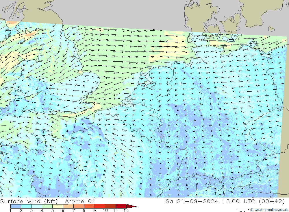 Surface wind (bft) Arome 01 Sa 21.09.2024 18 UTC