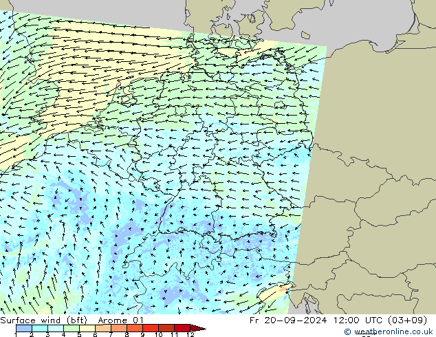 Surface wind (bft) Arome 01 Fr 20.09.2024 12 UTC