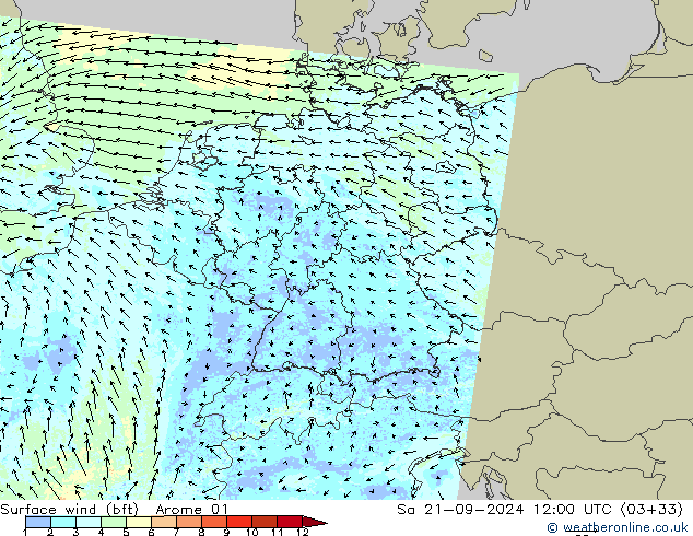 Wind 10 m (bft) Arome 01 za 21.09.2024 12 UTC