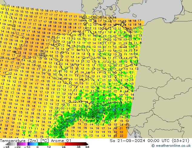 Temperature (2m) Arome 01 Sa 21.09.2024 00 UTC