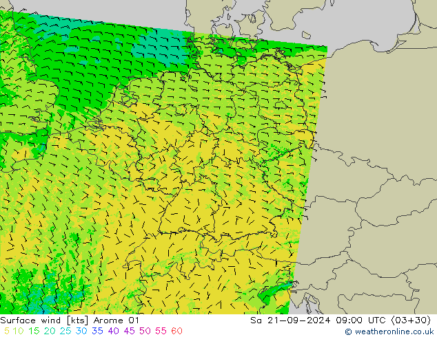 Vento 10 m Arome 01 Sáb 21.09.2024 09 UTC