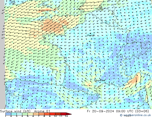 Bodenwind (bft) Arome 01 Fr 20.09.2024 09 UTC