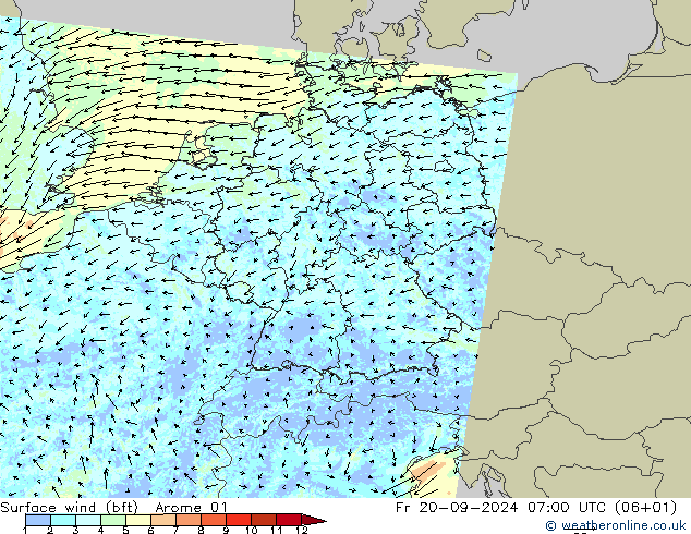 Vento 10 m (bft) Arome 01 Sex 20.09.2024 07 UTC