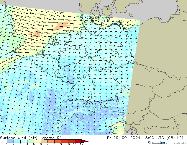 Viento 10 m (bft) Arome 01 vie 20.09.2024 18 UTC