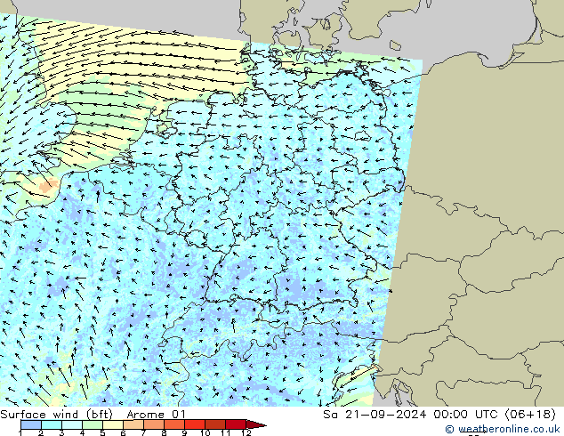 ве�Bе�@ 10 m (bft) Arome 01 сб 21.09.2024 00 UTC