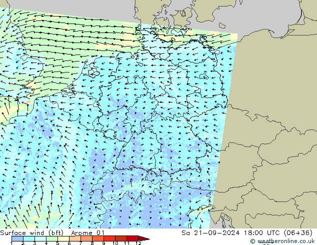 Vento 10 m (bft) Arome 01 Sáb 21.09.2024 18 UTC