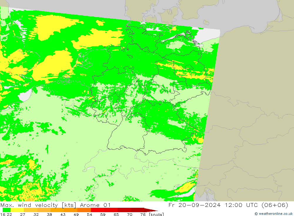 Max. wind velocity Arome 01 Fr 20.09.2024 12 UTC