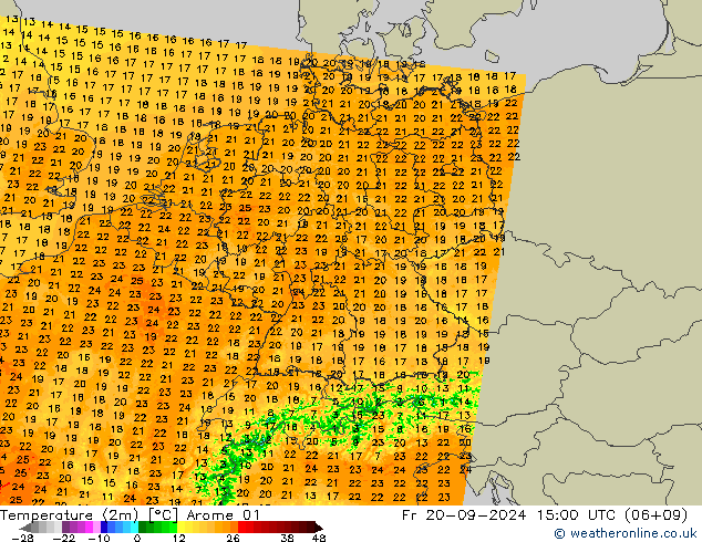 Temperatura (2m) Arome 01 ven 20.09.2024 15 UTC