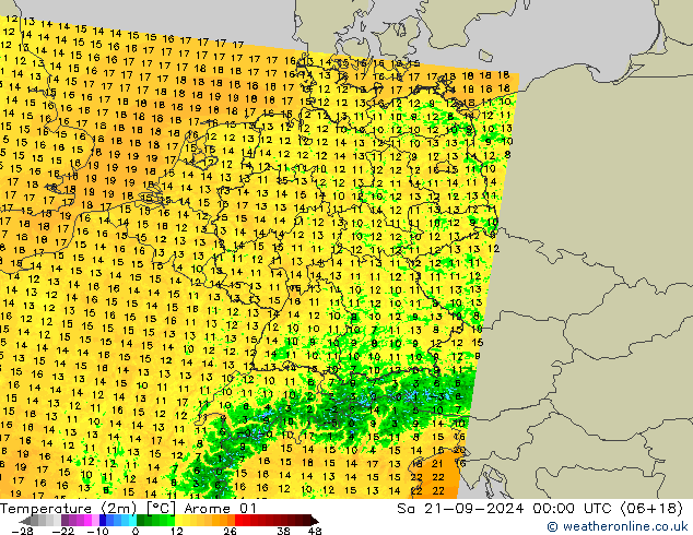 Temperatura (2m) Arome 01 Sáb 21.09.2024 00 UTC