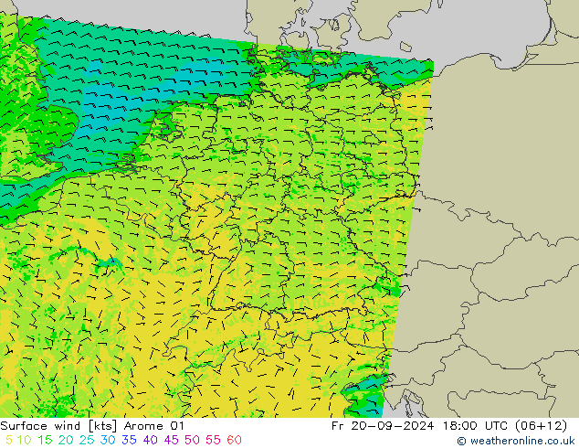 Wind 10 m Arome 01 vr 20.09.2024 18 UTC