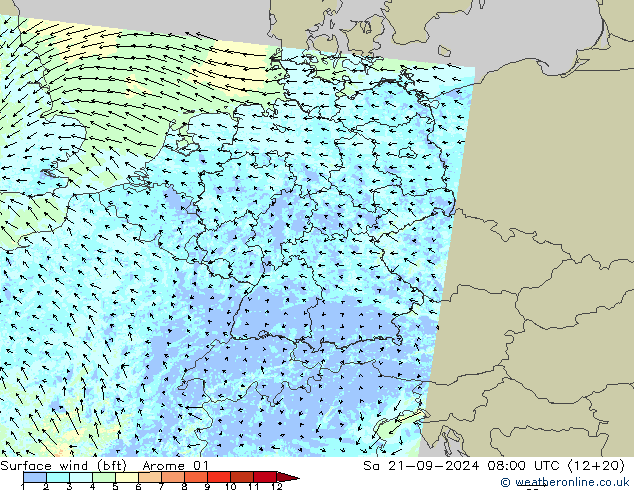 Surface wind (bft) Arome 01 So 21.09.2024 08 UTC