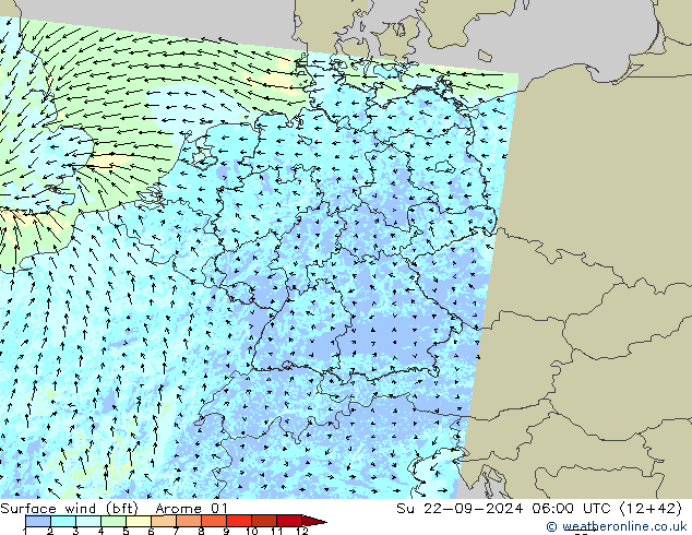  10 m (bft) Arome 01  22.09.2024 06 UTC