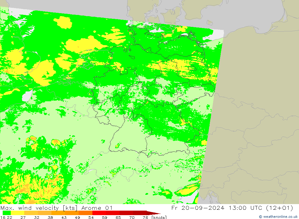 Max. wind velocity Arome 01 vie 20.09.2024 13 UTC