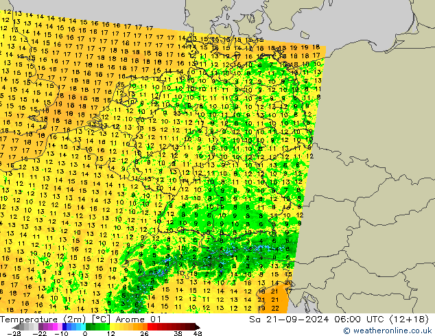 Temperatura (2m) Arome 01 sab 21.09.2024 06 UTC