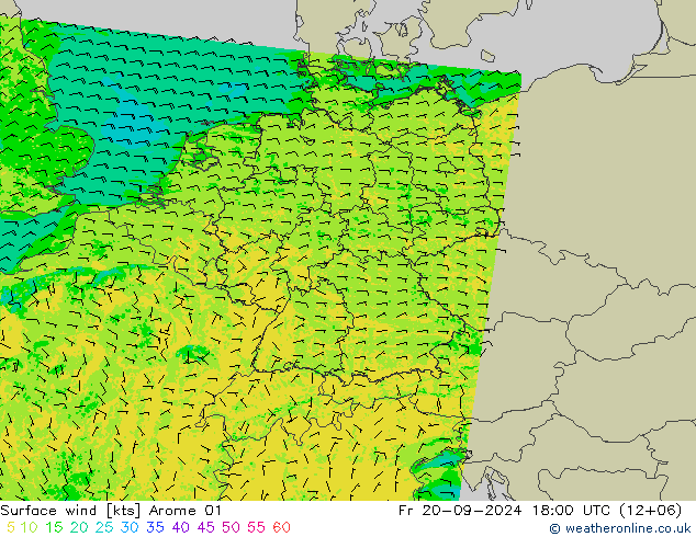 Rüzgar 10 m Arome 01 Cu 20.09.2024 18 UTC