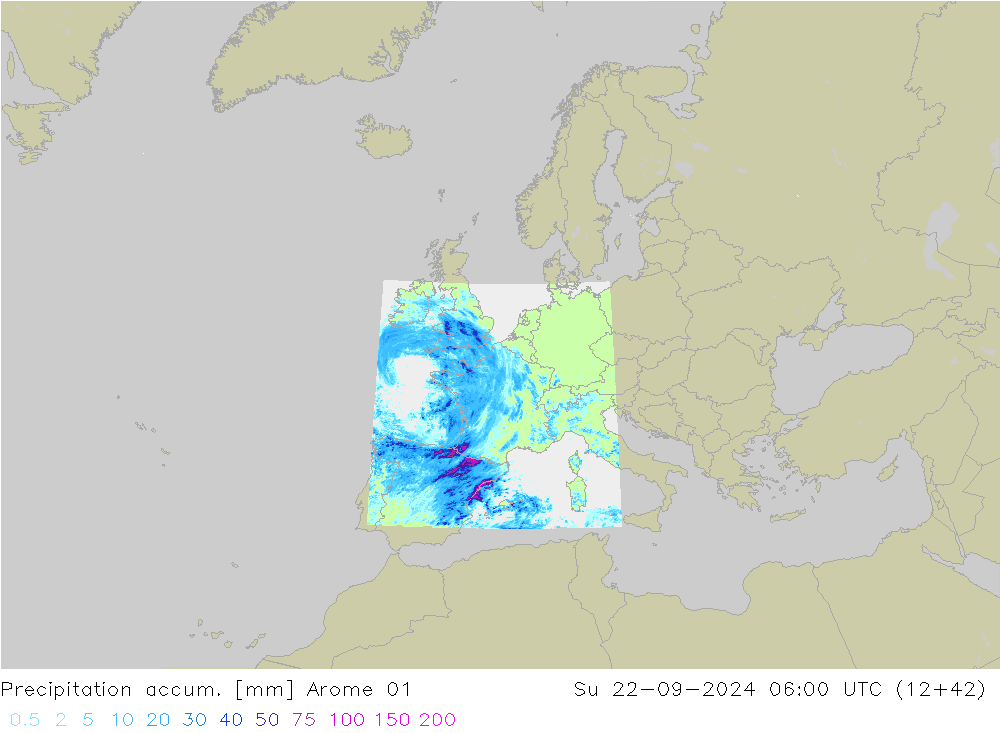 Precipitation accum. Arome 01 Dom 22.09.2024 06 UTC