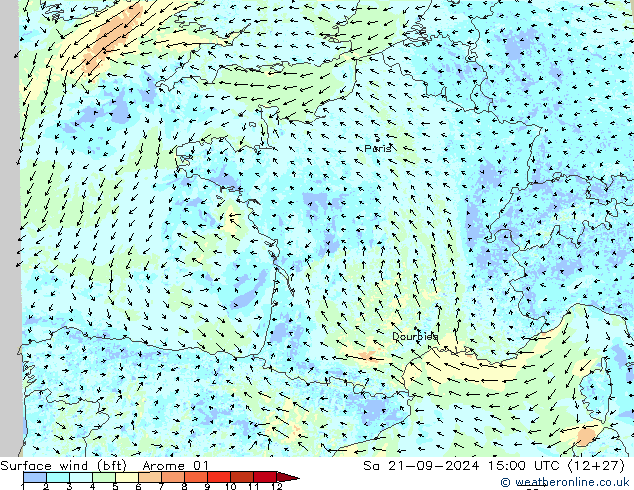 Surface wind (bft) Arome 01 Sa 21.09.2024 15 UTC