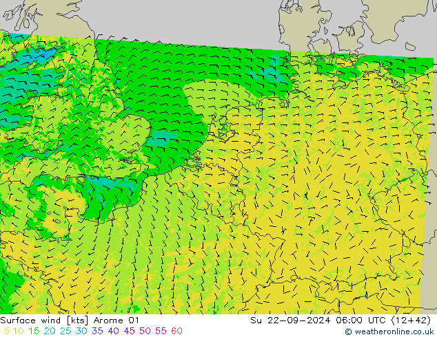 wiatr 10 m Arome 01 nie. 22.09.2024 06 UTC