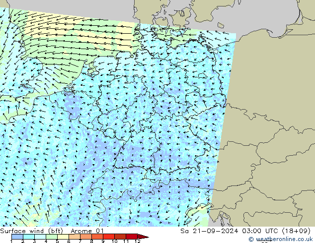 Surface wind (bft) Arome 01 So 21.09.2024 03 UTC