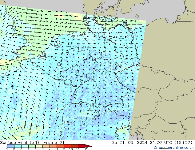 Vent 10 m (bft) Arome 01 sam 21.09.2024 21 UTC