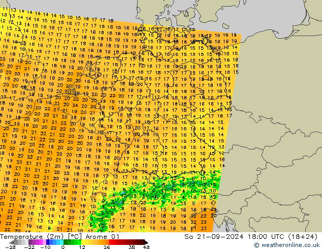 Temperatura (2m) Arome 01 sab 21.09.2024 18 UTC