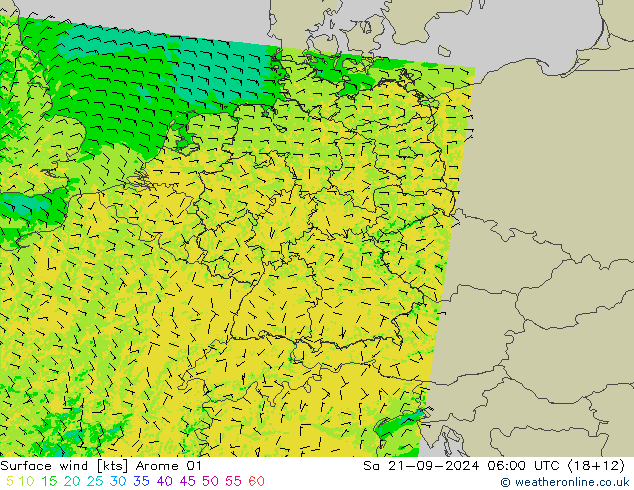 Vento 10 m Arome 01 sab 21.09.2024 06 UTC