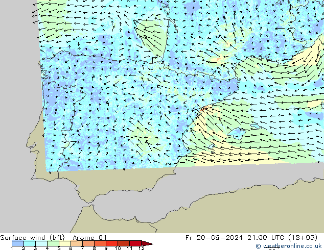 Surface wind (bft) Arome 01 Fr 20.09.2024 21 UTC