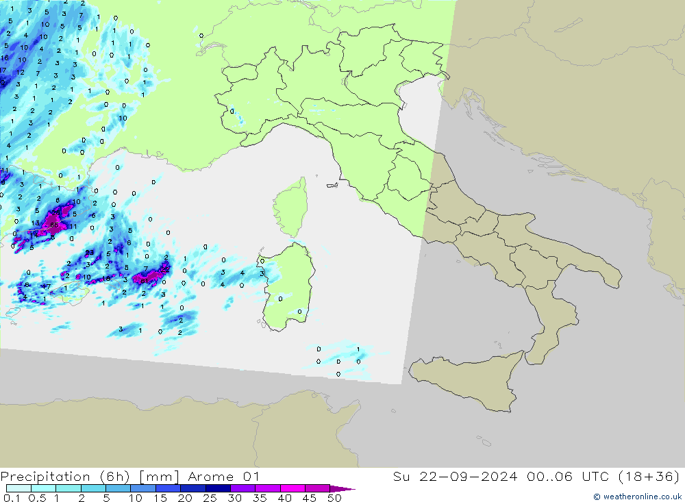 Precipitation (6h) Arome 01 Su 22.09.2024 06 UTC