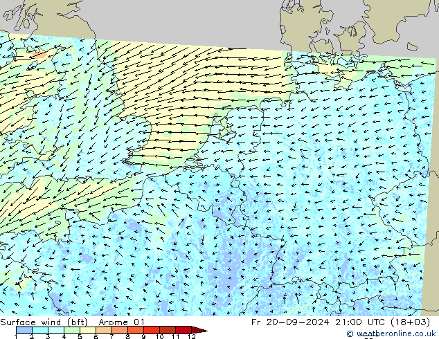 Viento 10 m (bft) Arome 01 vie 20.09.2024 21 UTC