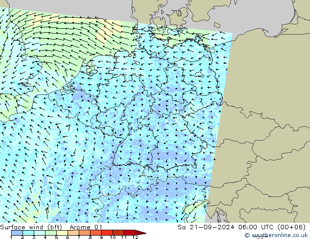 Vent 10 m (bft) Arome 01 sam 21.09.2024 06 UTC